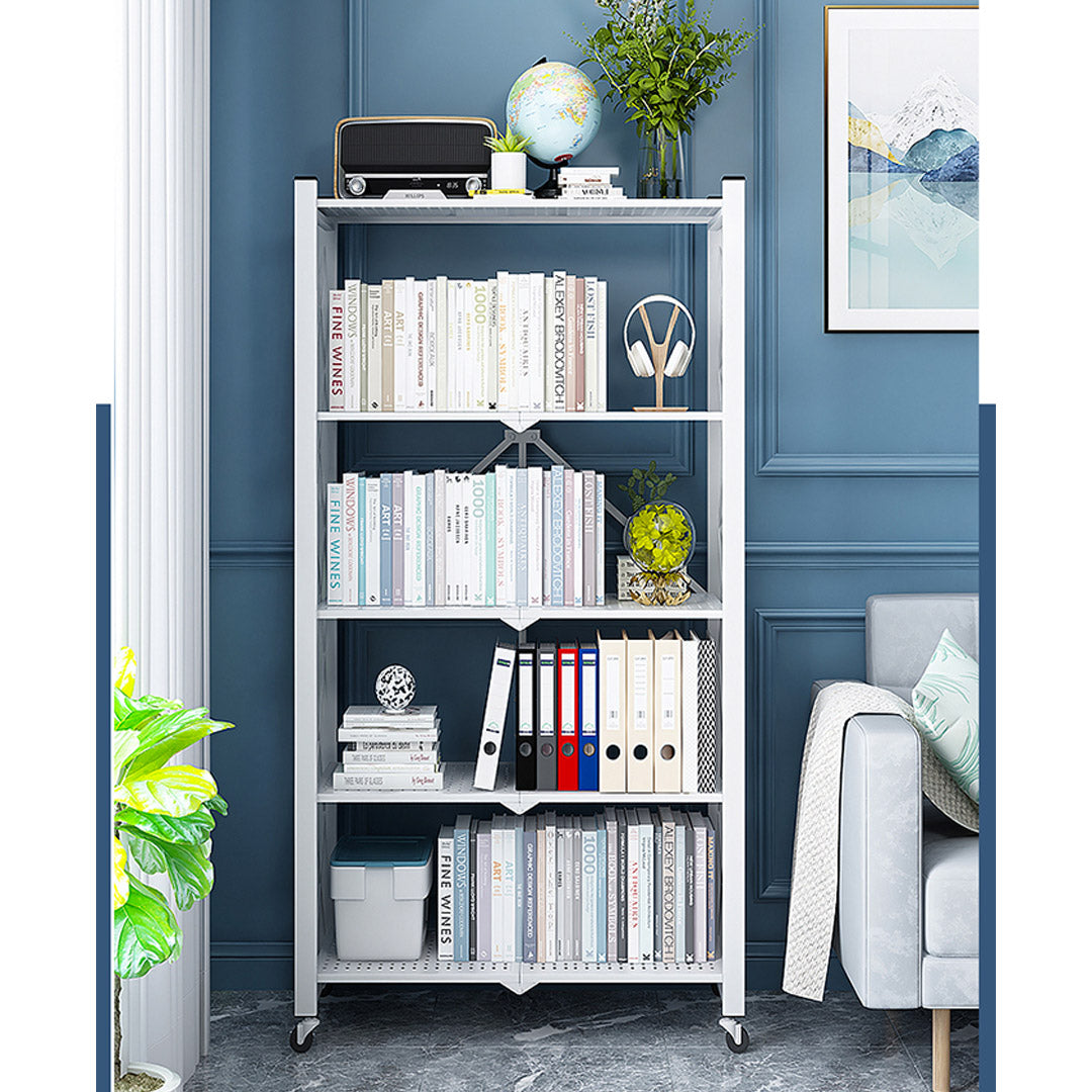 Premium 5 Tier Steel White Foldable Display Stand Multi-Functional Shelves Portable Storage Organizer with Wheels - image7