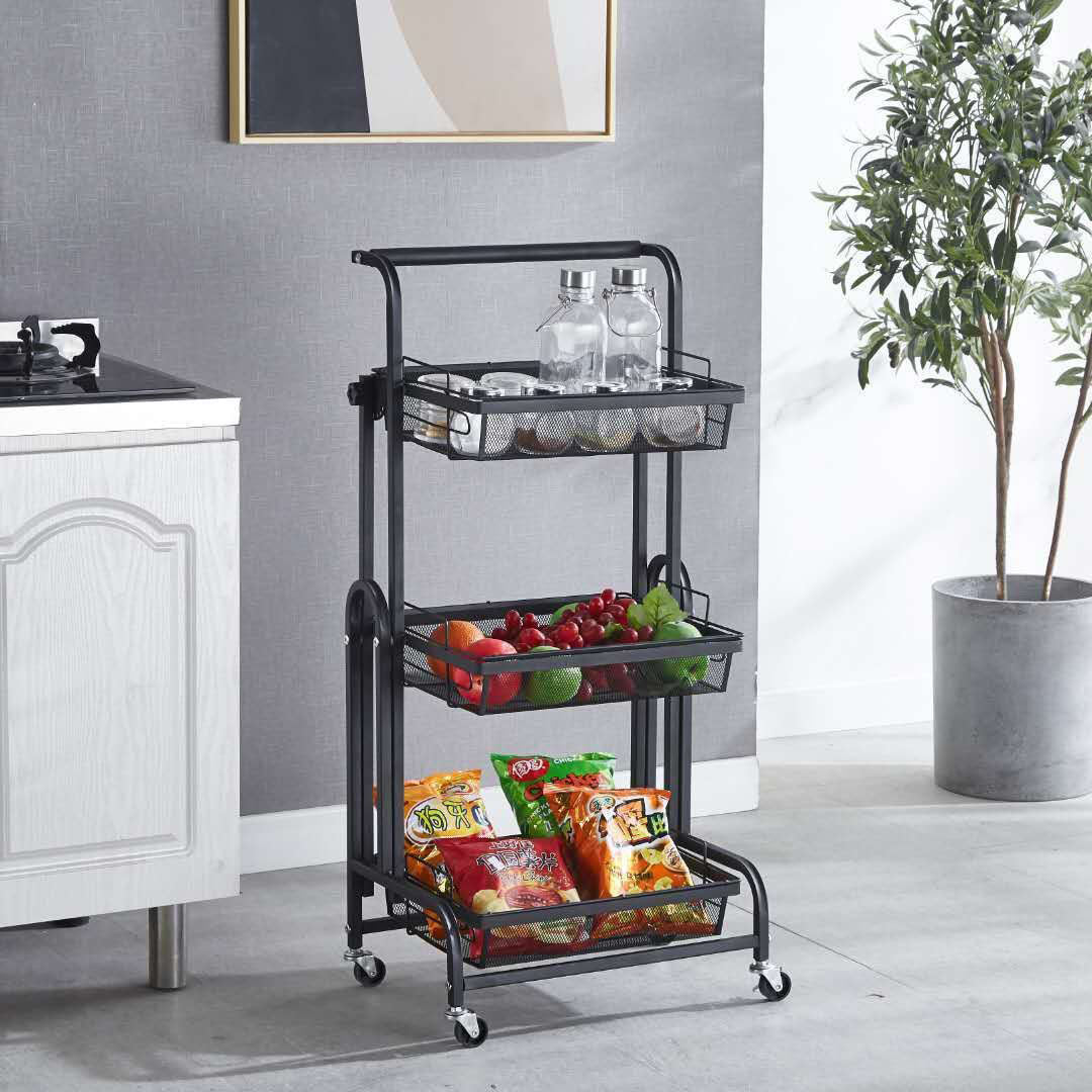 Premium 3 Tier Steel Black Adjustable Kitchen Cart Multi-Functional Shelves Portable Storage Organizer with Wheels - image7