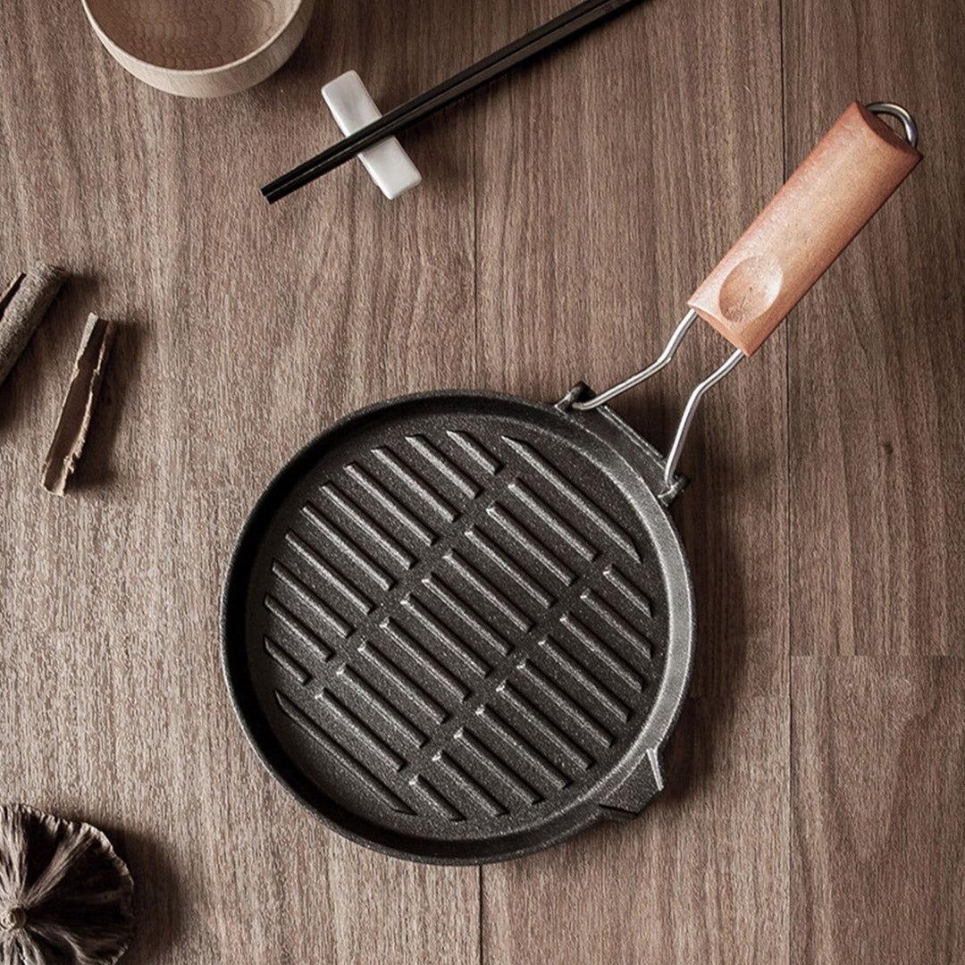Premium 24cm Round Ribbed Cast Iron Steak Frying Grill Skillet Pan with Folding Wooden Handle - image7