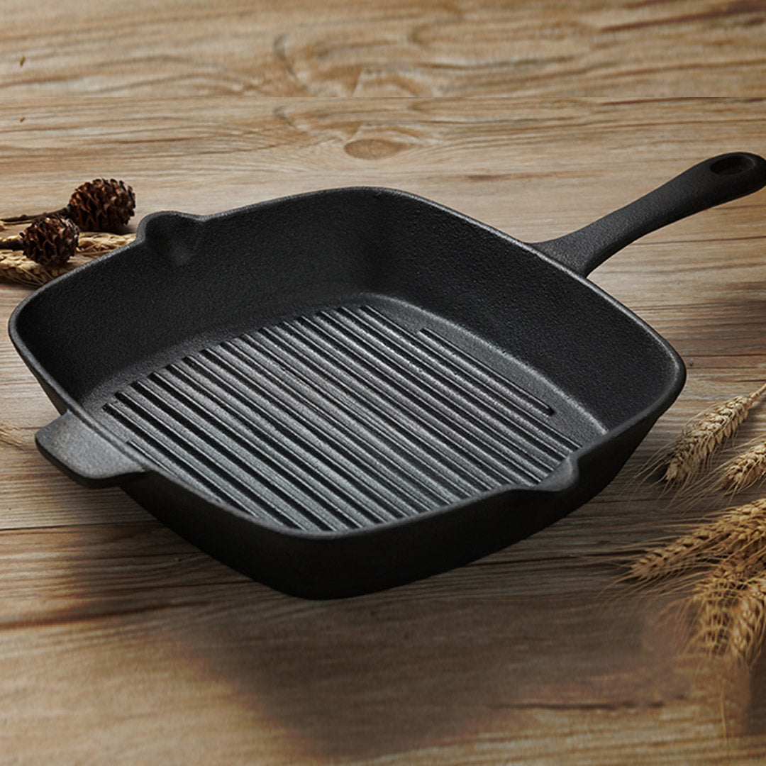 Premium 2X 26cm Square Ribbed Cast Iron Frying Pan Skillet Steak Sizzle Platter with Handle - image7