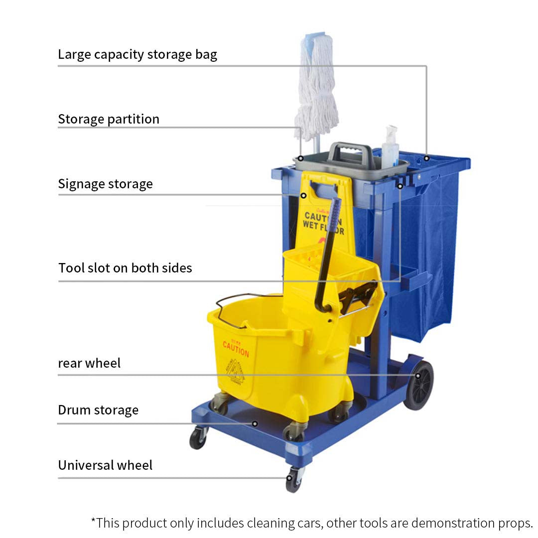 Premium 2X 3 Tier Multifunction Janitor Cleaning Waste Cart Trolley and Waterproof Bag Blue - image7