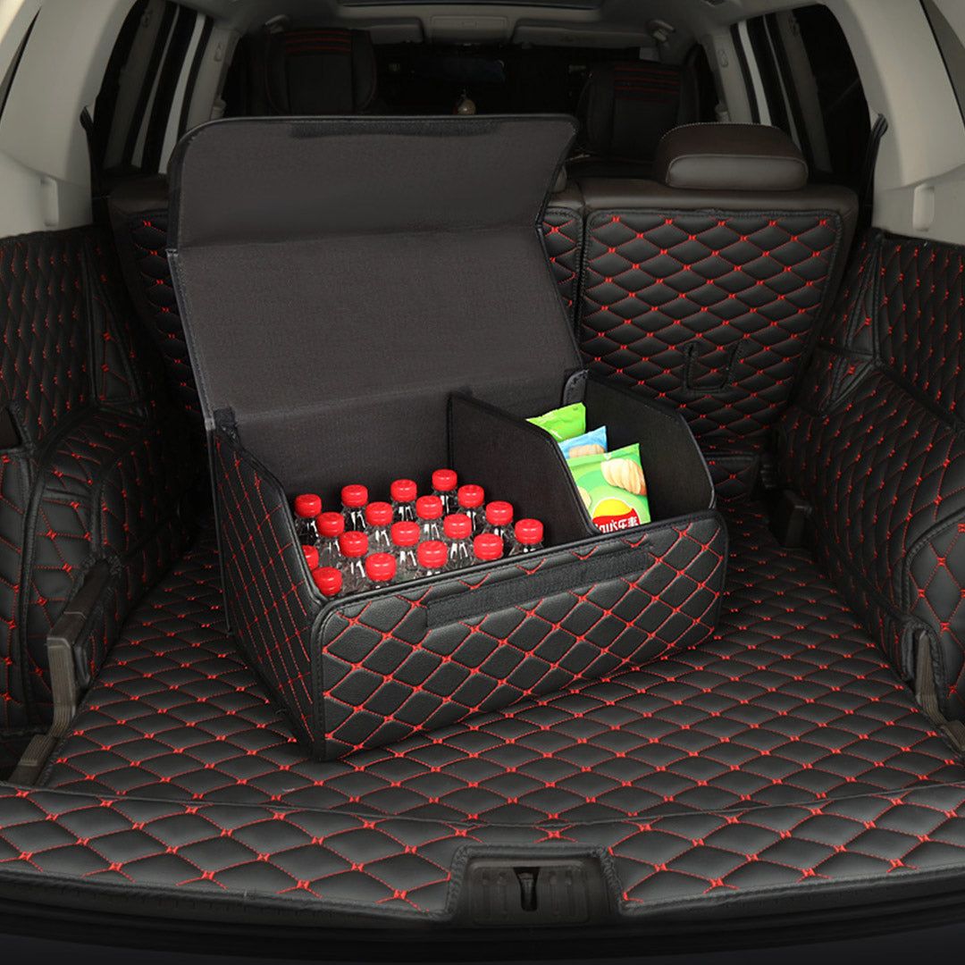 Premium 2X Leather Car Boot Collapsible Foldable Trunk Cargo Organizer Portable Storage Box Black/Red Stitch Medium - image7