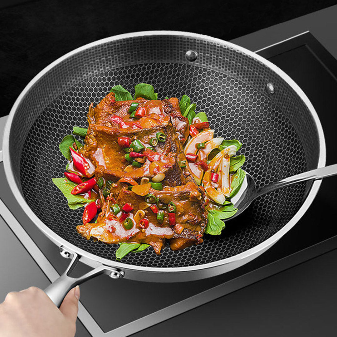 Premium 34cm Stainless Steel Tri-Ply Frying Cooking Fry Pan Textured Non Stick Skillet with Glass Lid and Helper Handle - image7