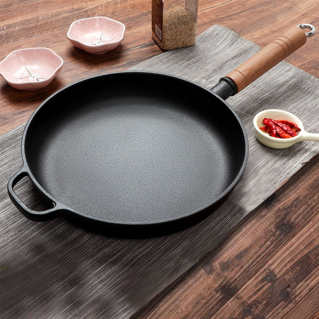 Premium 2X 25cm Round Cast Iron Frying Pan Skillet Steak Sizzle Platter with Helper Handle - image7