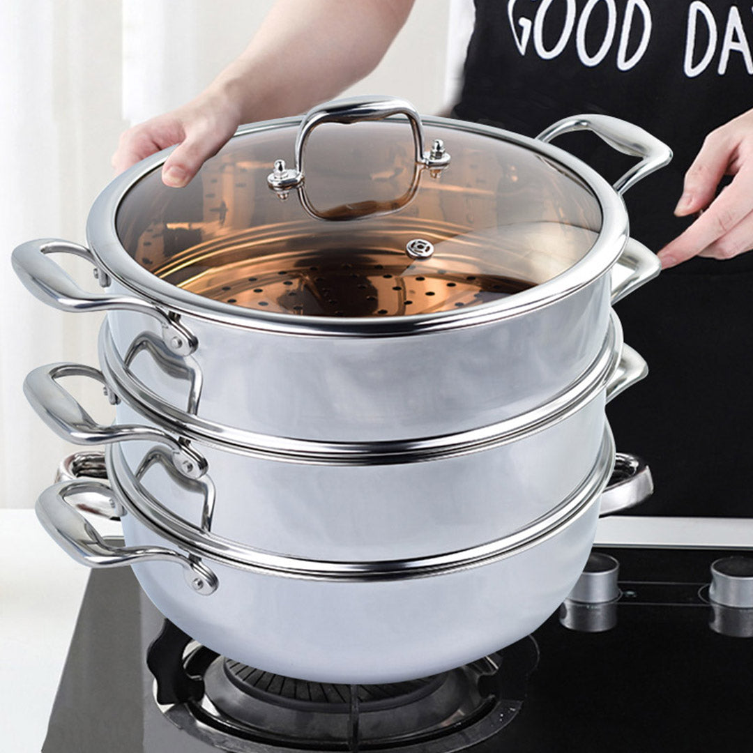 Premium 3 Tier 28cm Heavy Duty Stainless Steel Food Steamer Vegetable Pot Stackable Pan Insert with Glass Lid - image8