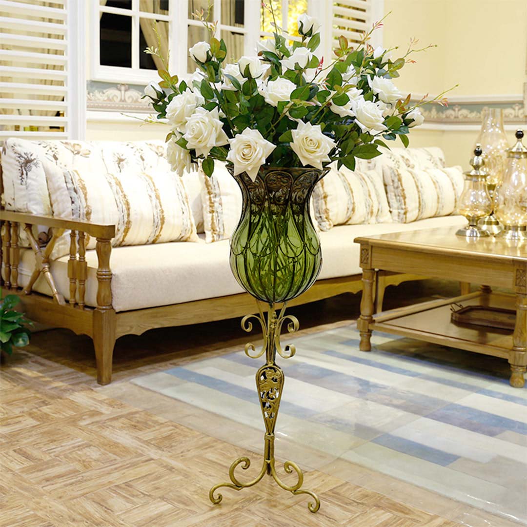 Premium 85cm Green Glass Floor Vase with Tall Metal Flower Stand - image8