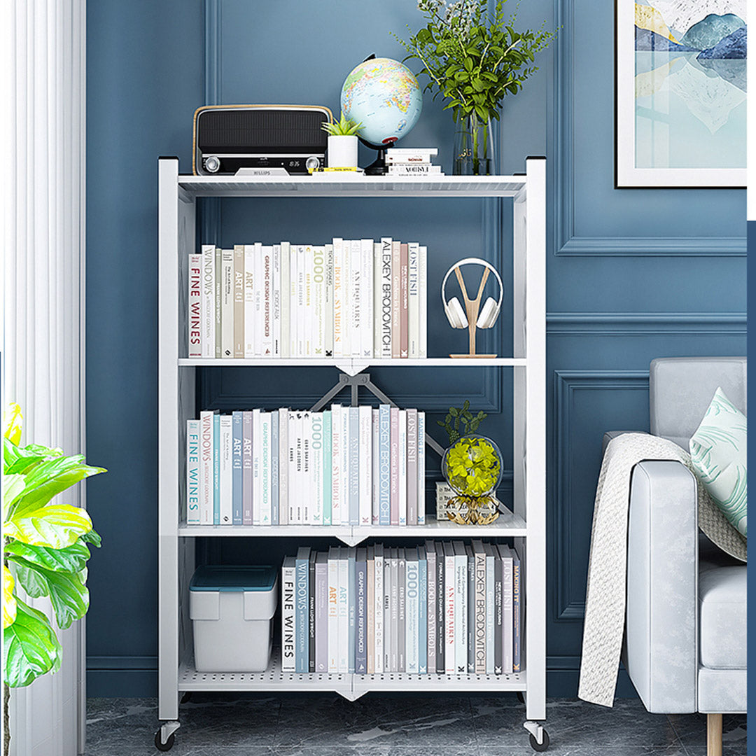 Premium 4 Tier Steel White Foldable Display Stand Multi-Functional Shelves Portable Storage Organizer with Wheels - image8