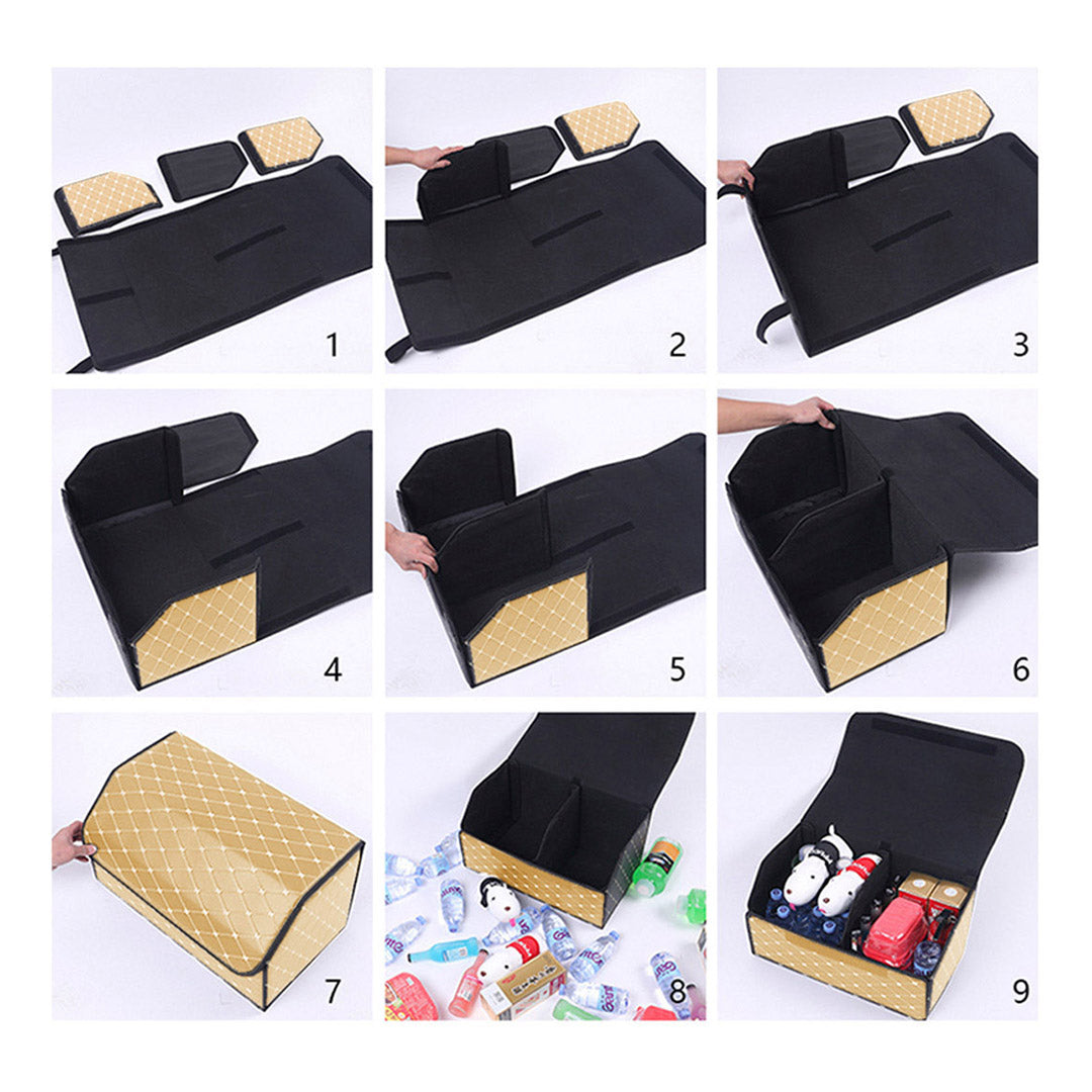 Premium 4X Leather Car Boot Collapsible Foldable Trunk Cargo Organizer Portable Storage Box Beige/Gold Stitch Large - image8