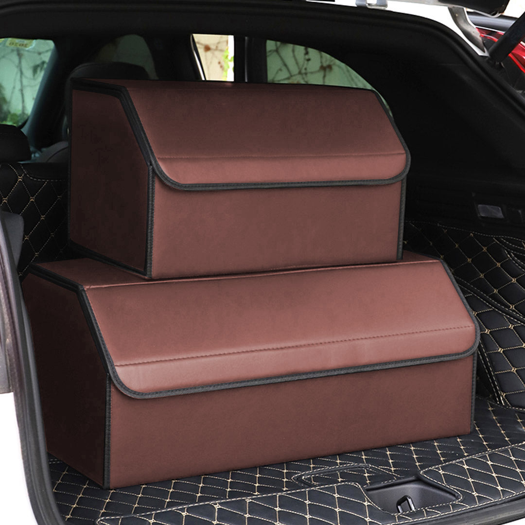 Premium 2X Leather Car Boot Collapsible Foldable Trunk Cargo Organizer Portable Storage Box Coffee Large - image8