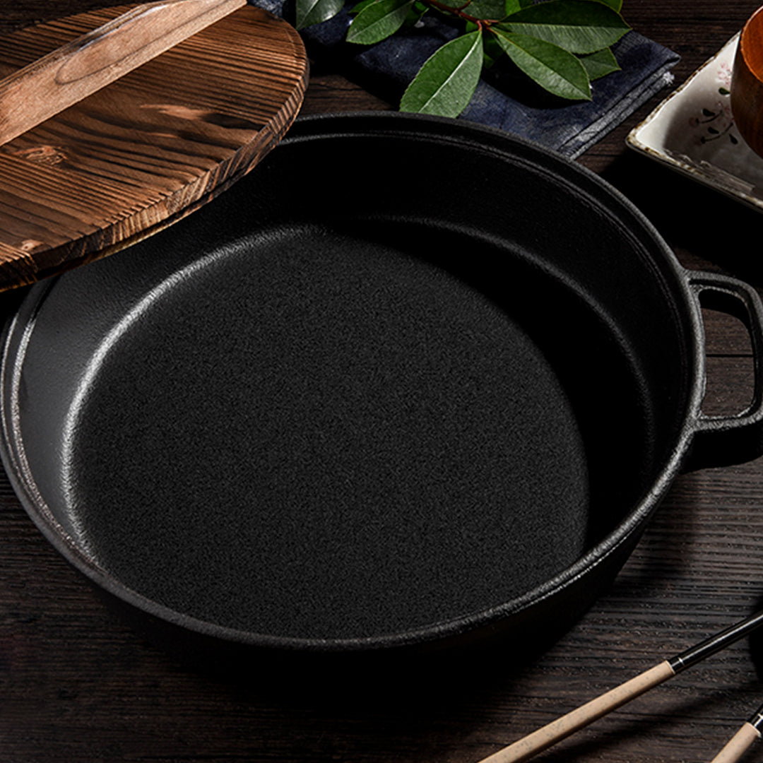 Premium 33cm Round Cast Iron Pre-seasoned Deep Baking Pizza Frying Pan Skillet with Wooden Lid - image8