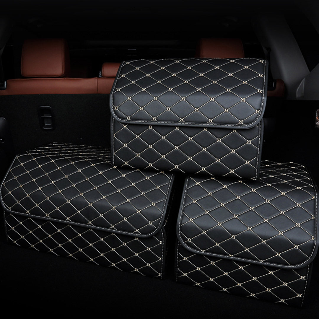 Premium 2X Leather Car Boot Collapsible Foldable Trunk Cargo Organizer Portable Storage Box Black/Gold Stitch Small - image8