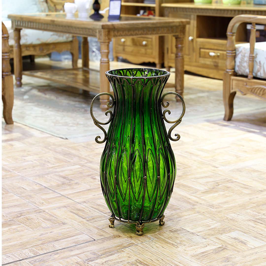 Premium 51cm Green Glass Oval Floor Vase with Metal Flower Stand - image8