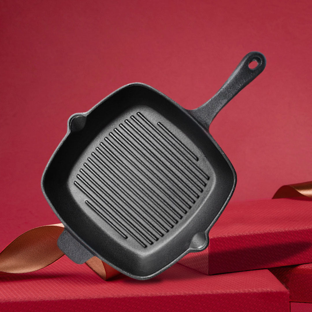 Premium 2X 26cm Square Ribbed Cast Iron Frying Pan Skillet Steak Sizzle Platter with Handle - image8