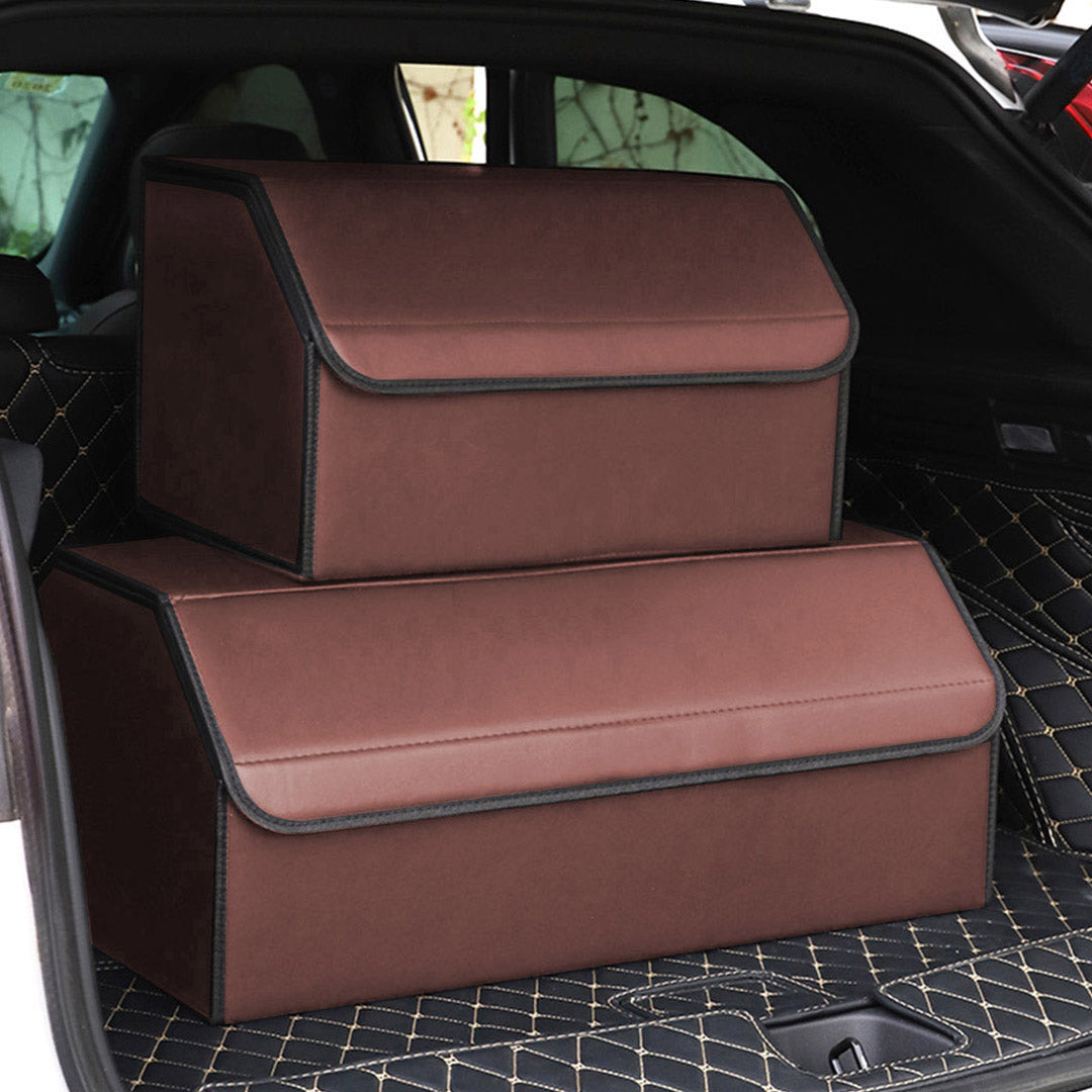 Premium 2X Leather Car Boot Collapsible Foldable Trunk Cargo Organizer Portable Storage Box Coffee Medium - image8