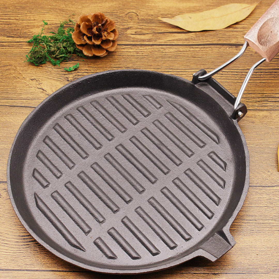 Premium 24cm Round Ribbed Cast Iron Steak Frying Grill Skillet Pan with Folding Wooden Handle - image8