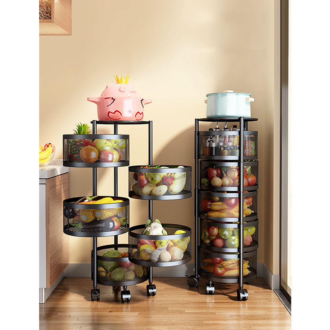 Premium 5 Tier Steel Round Rotating Kitchen Cart Multi-Functional Shelves Portable Storage Organizer with Wheels - image7