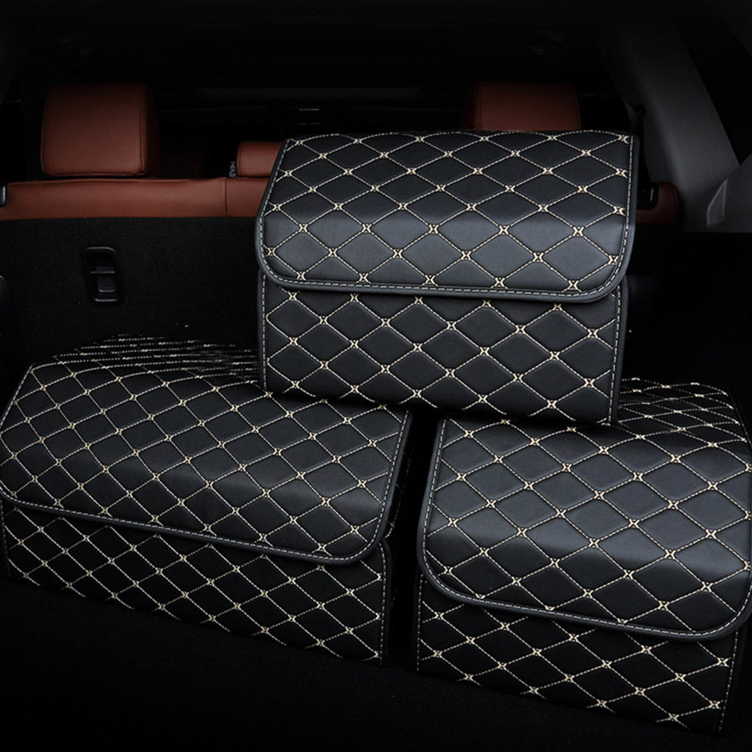 Premium 4X Leather Car Boot Collapsible Foldable Trunk Cargo Organizer Portable Storage Box Black/Gold Stitch Medium - image8