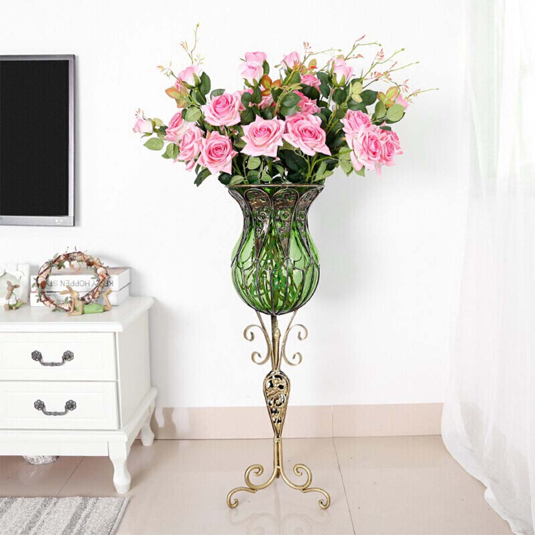 Premium 85cm Green Glass Floor Vase with Tall Metal Flower Stand - image9