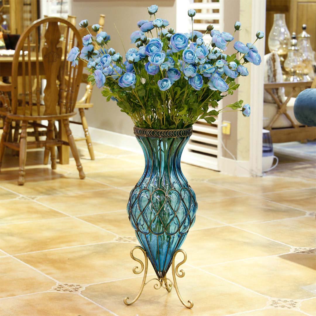 Premium 67cm Blue Glass Tall Floor Vase with Metal Flower Stand - image9