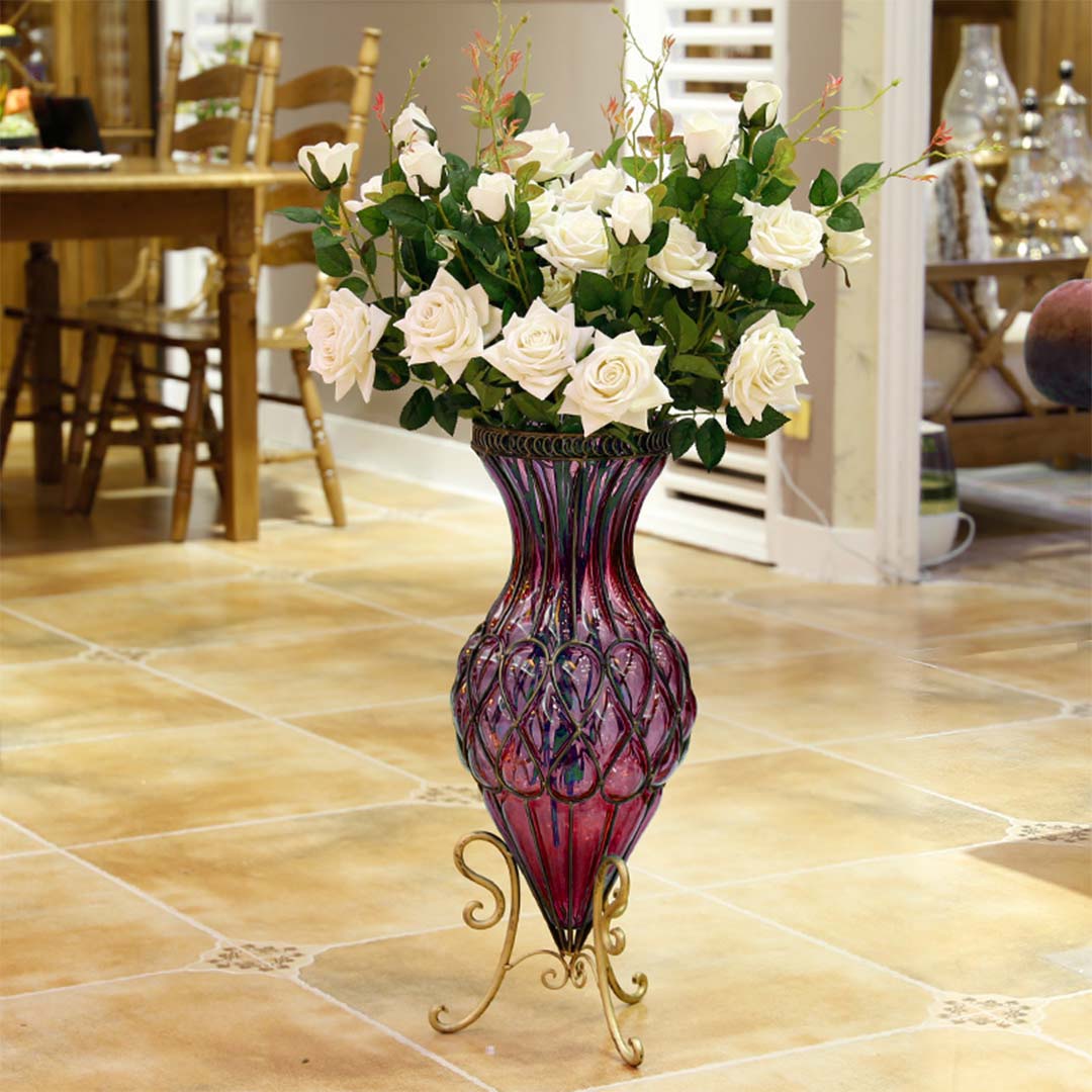 Premium 67cm Purple Glass Tall Floor Vase with Metal Flower Stand - image9