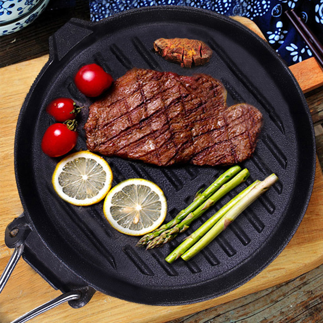 Premium 2X 24cm Round Ribbed Cast Iron Steak Frying Grill Skillet Pan with Folding Wooden Handle - image9