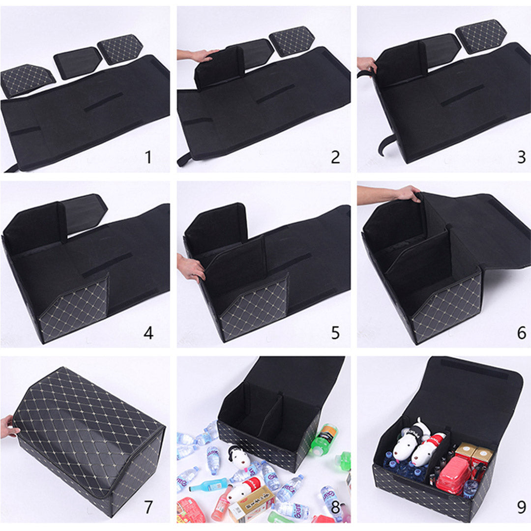 Premium 2X Leather Car Boot Collapsible Foldable Trunk Cargo Organizer Portable Storage Box Black/Gold Stitch Small - image9