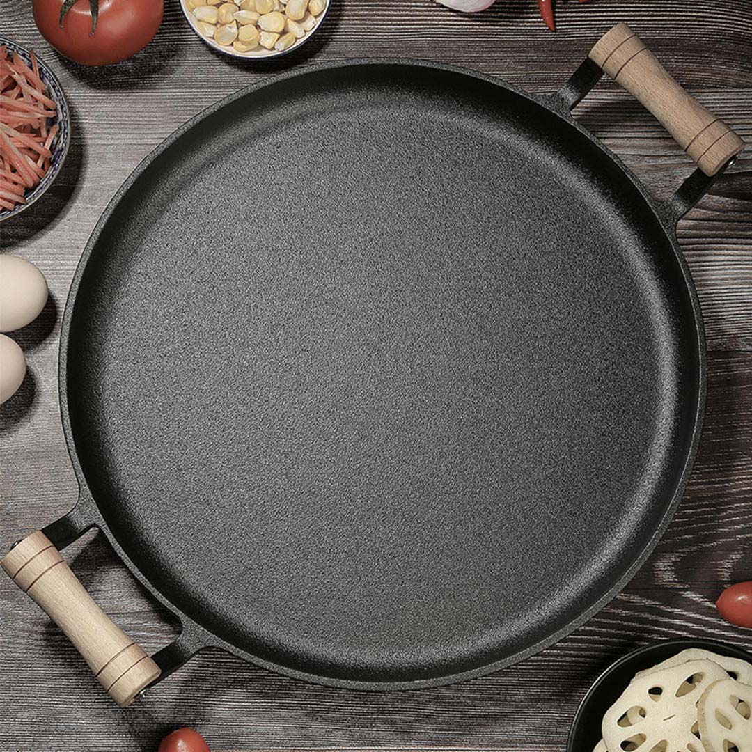 Premium 31cm Cast Iron Frying Pan Skillet Steak Sizzle Fry Platter With Wooden Handle No Lid - image9