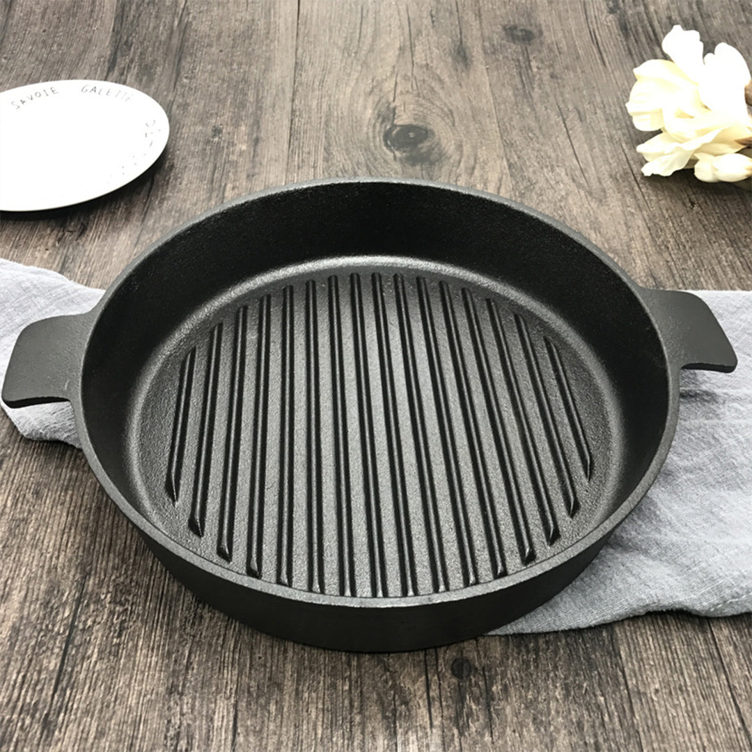 Premium 26cm Round Ribbed Cast Iron Frying Pan Skillet Steak Sizzle Platter with Handle - image9