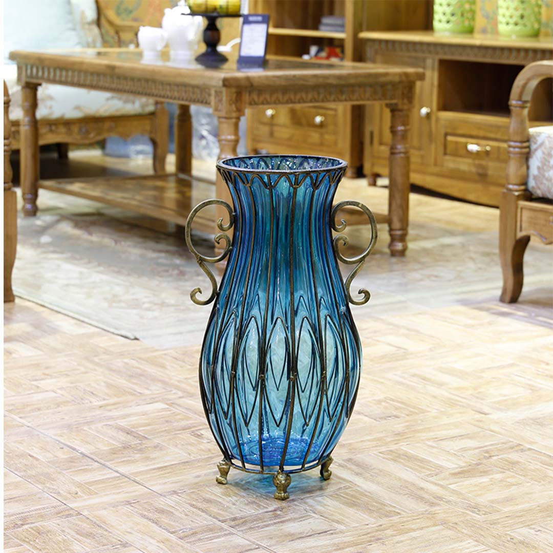 Premium 51cm Blue Glass Tall Floor Vase and 10pcs White Artificial Fake Flower Set - image9