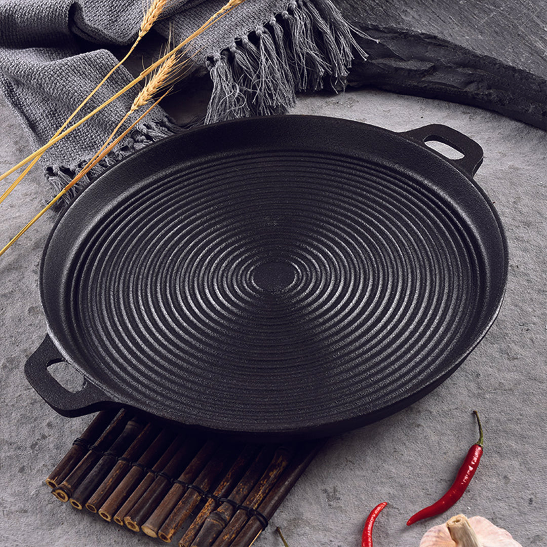 Premium 2X 35cm Round Ribbed Cast Iron Frying Pan Skillet Steak Sizzle Platter with Handle - image10