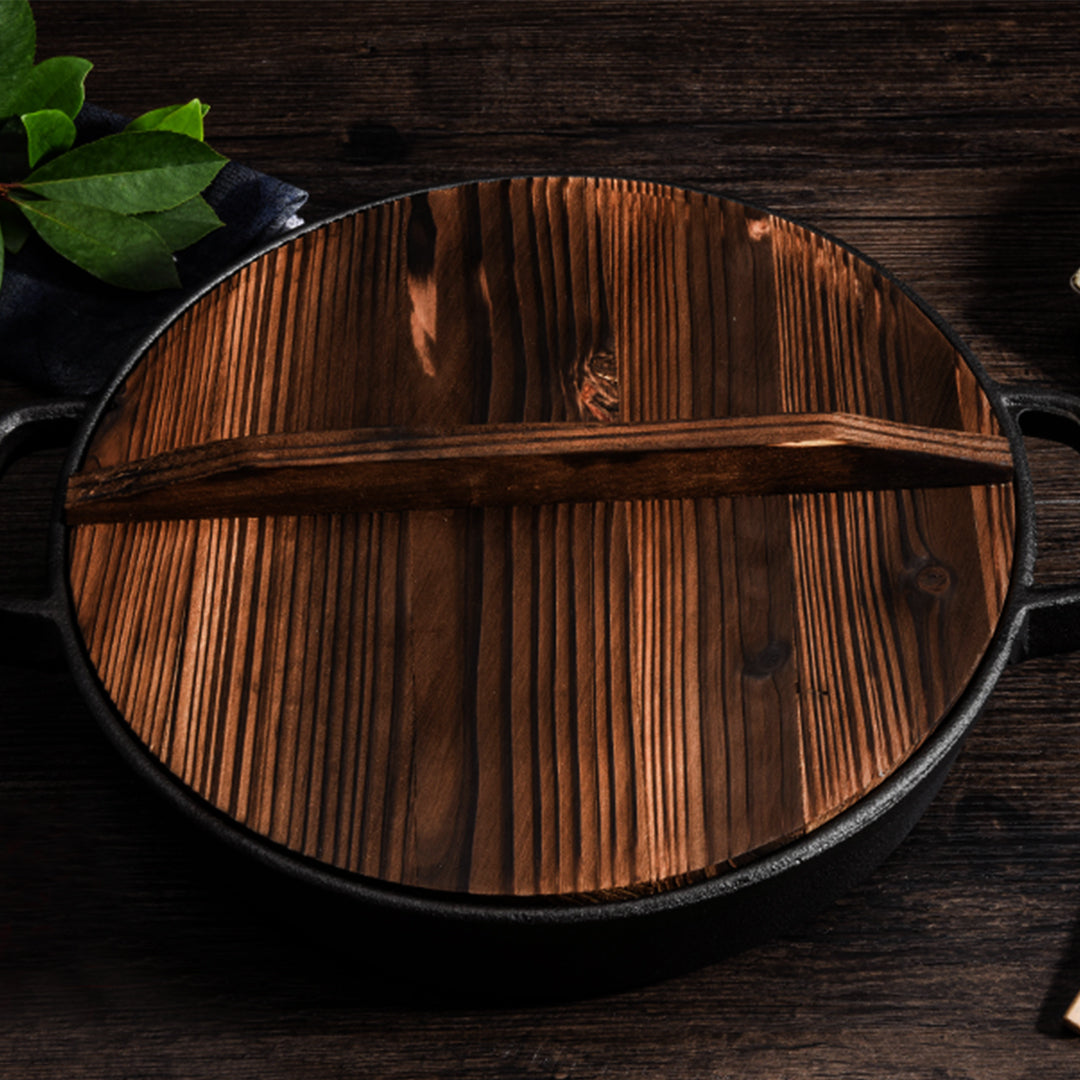Premium 2X 35cm Round Cast Iron Pre-seasoned Deep Baking Pizza Frying Pan Skillet with Wooden Lid - image9