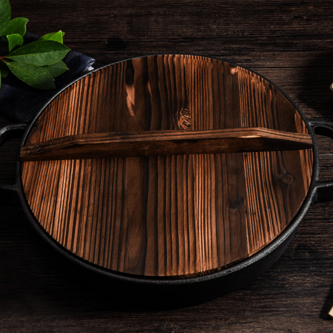 Premium 33cm Round Cast Iron Pre-seasoned Deep Baking Pizza Frying Pan Skillet with Wooden Lid - image9