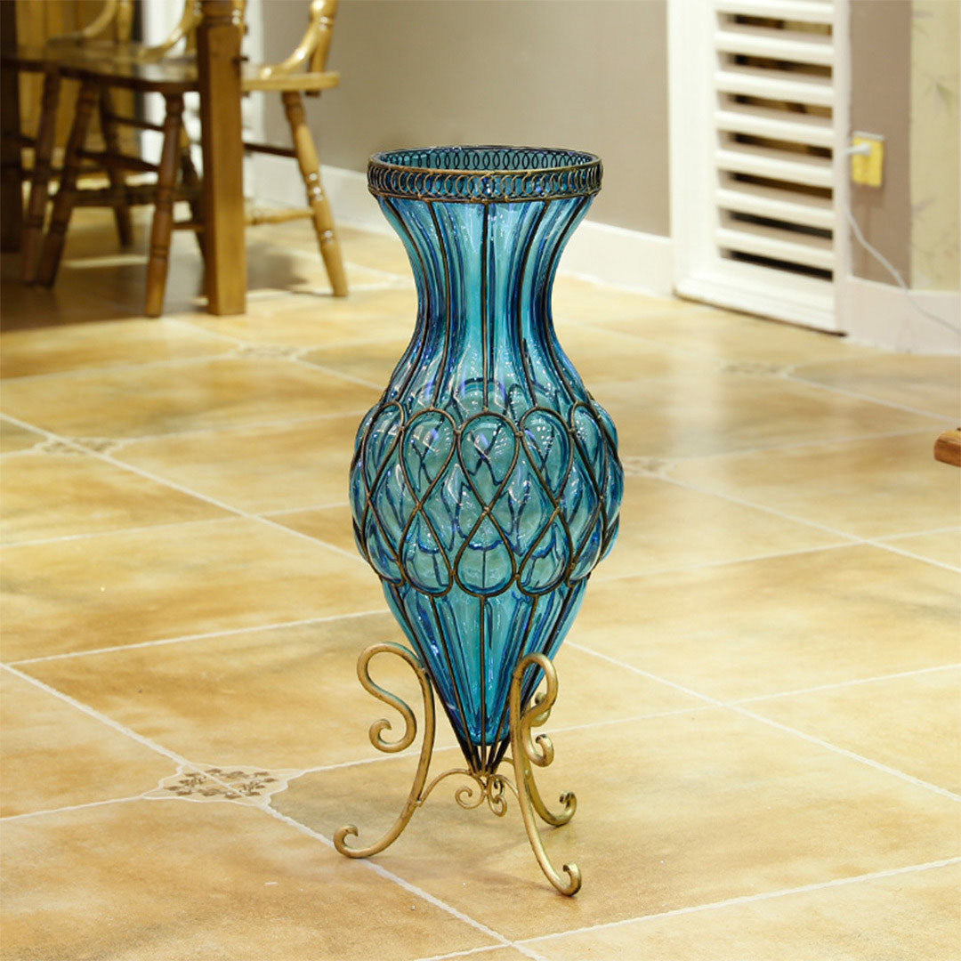 Premium 67cm Blue Glass Tall Floor Vase with 10pcs White Artificial Fake Flower Set - image9