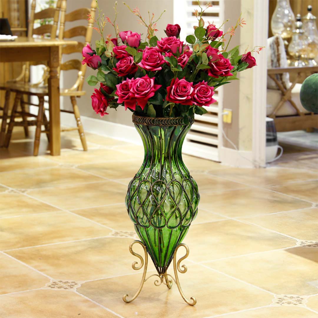 Premium 67cm Green Glass Tall Floor Vase with Metal Flower Stand - image9