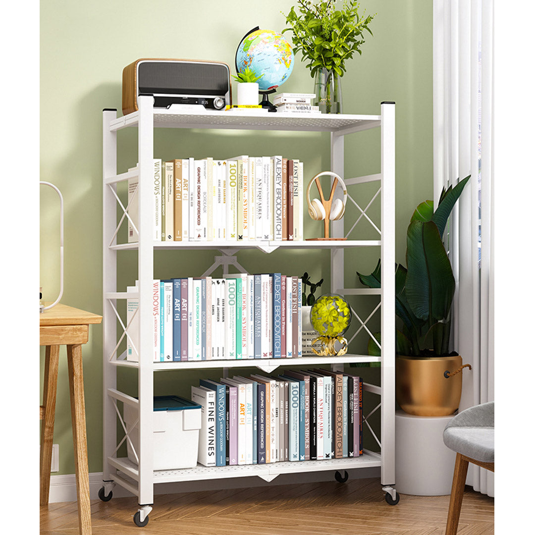 Premium 4 Tier Steel White Foldable Display Stand Multi-Functional Shelves Portable Storage Organizer with Wheels - image10