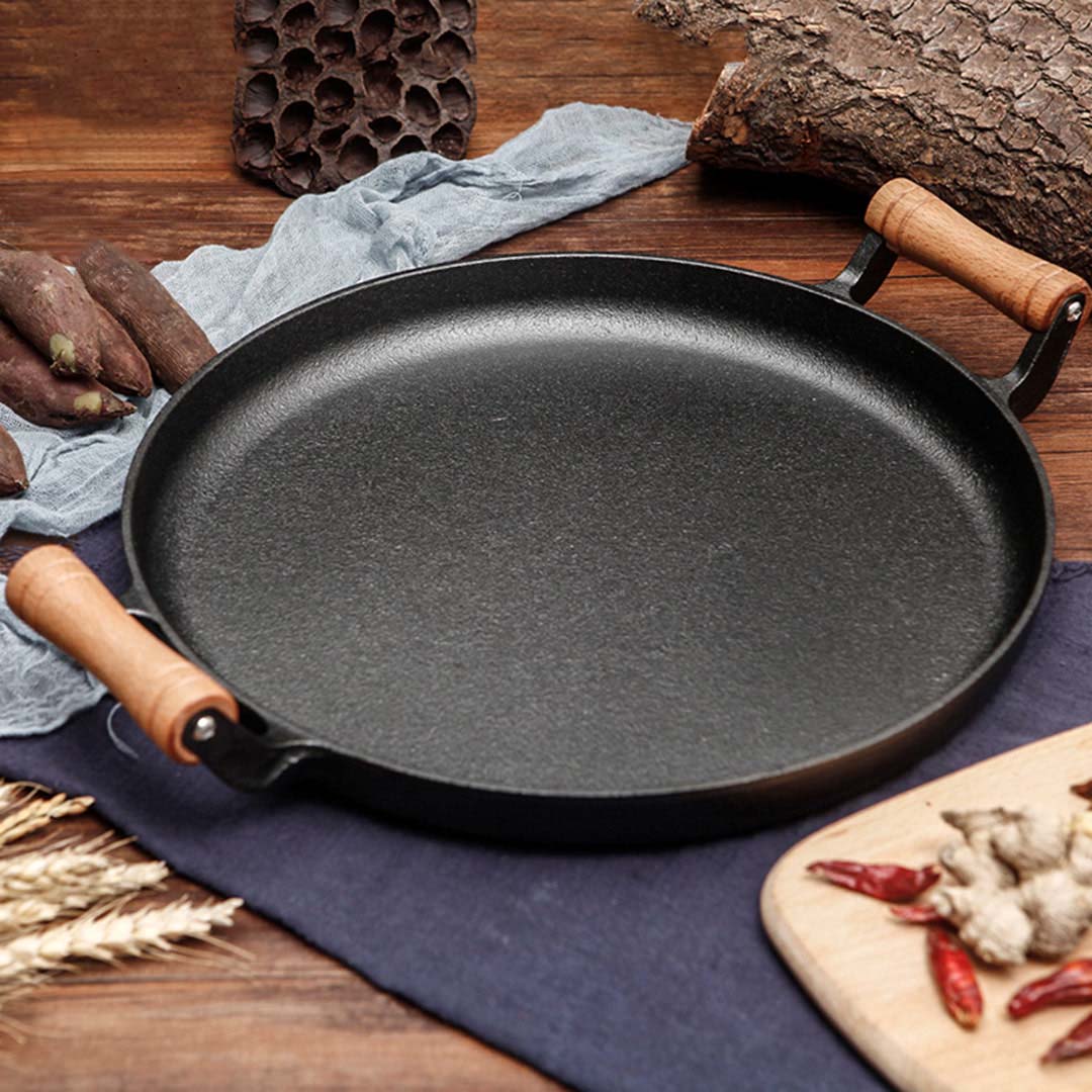 Premium 35cm Cast Iron Frying Pan Skillet Steak Sizzle Fry Platter With Wooden Handle No Lid - image10