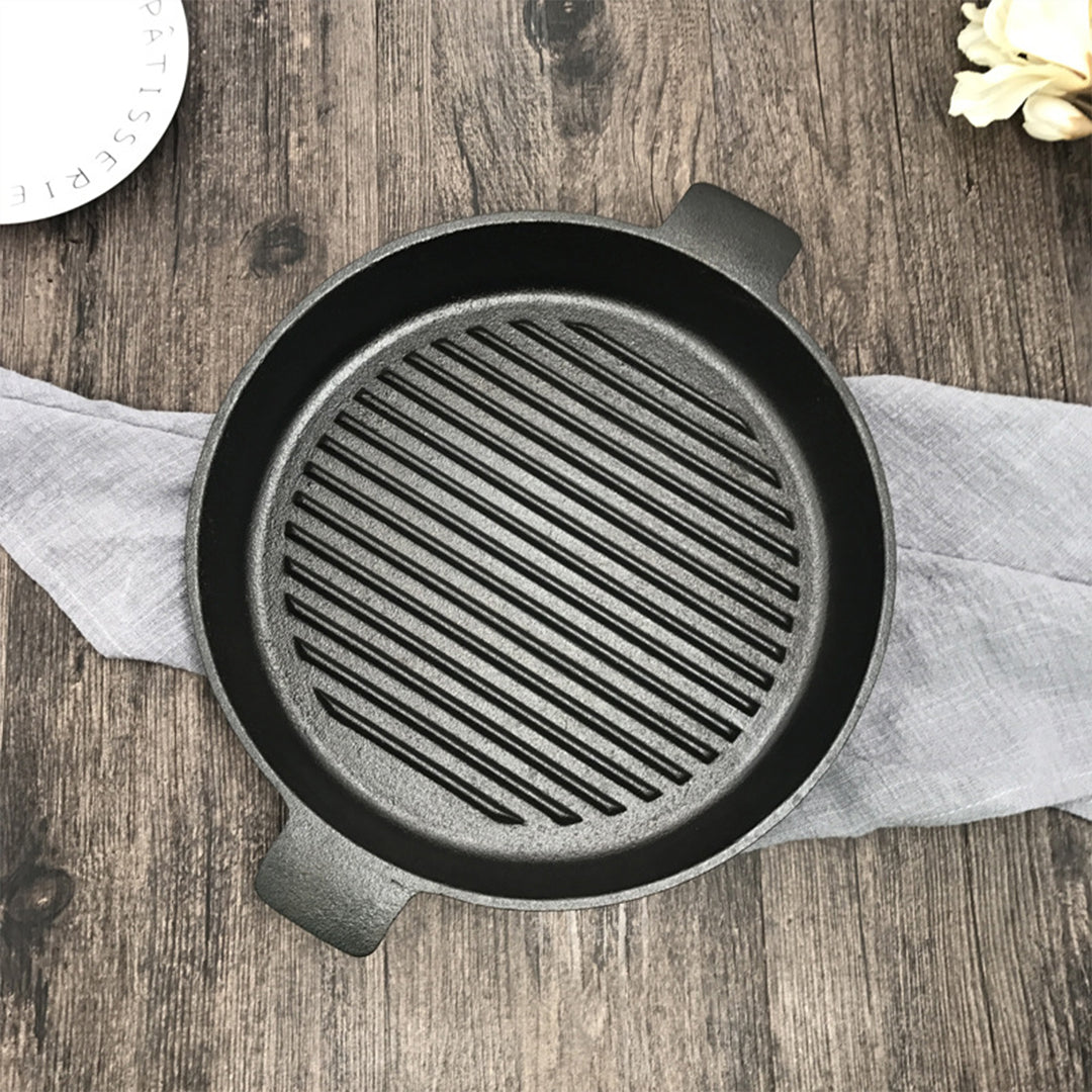 Premium 2X 26cm Round Ribbed Cast Iron Frying Pan Skillet Steak Sizzle Platter with Handle - image10