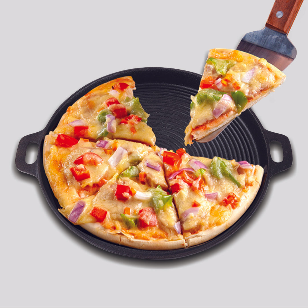 Premium 35cm Round Ribbed Cast Iron Frying Pan Skillet Steak Sizzle Platter with Handle - image11