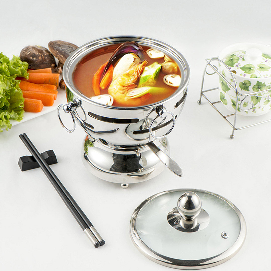 Premium 4X Stainless Steel Mini Asian Buffet Hot Pot Single Person Shabu Alcohol Stove Burner with Glass Lid - image10