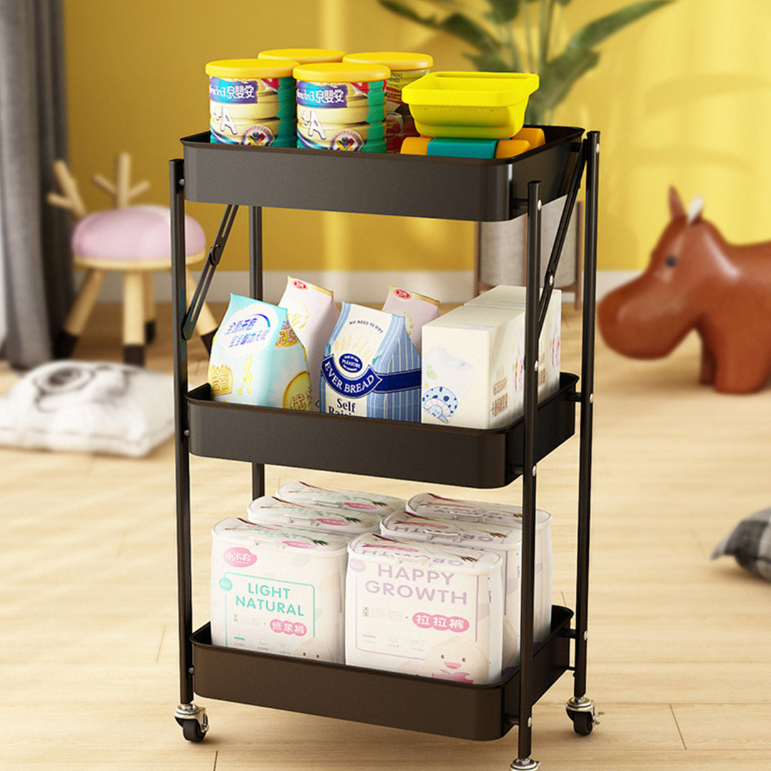 Premium 3 Tier Steel Black Foldable Kitchen Cart Multi-Functional Shelves Portable Storage Organizer with Wheels - image10