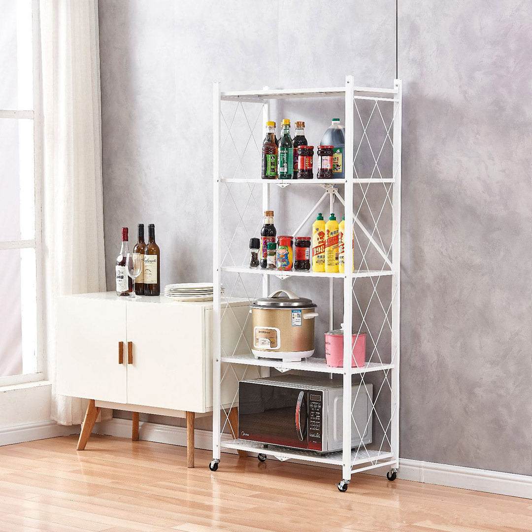 Premium 5 Tier Steel White Foldable Kitchen Cart Multi-Functional Shelves Portable Storage Organizer with Wheels - image10