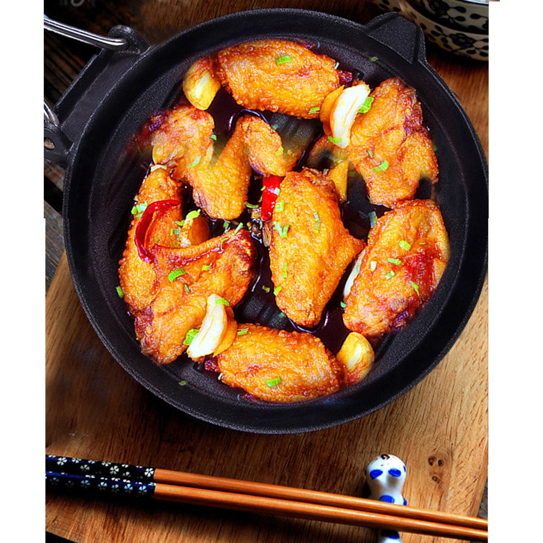 Premium 2X 24cm Round Ribbed Cast Iron Steak Frying Grill Skillet Pan with Folding Wooden Handle - image10