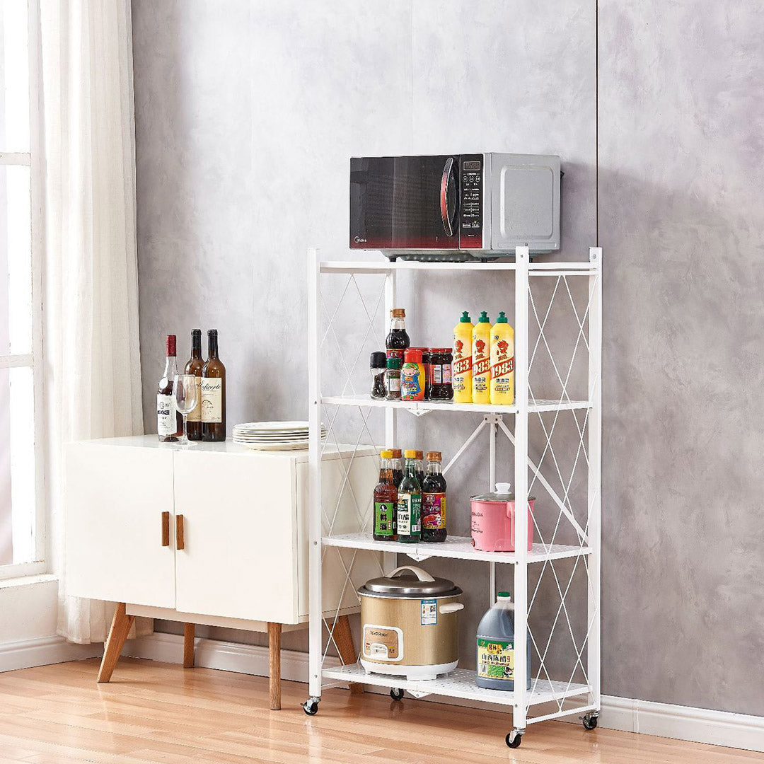 Premium 4 Tier Steel White Foldable Kitchen Cart Multi-Functional Shelves Portable Storage Organizer with Wheels - image10