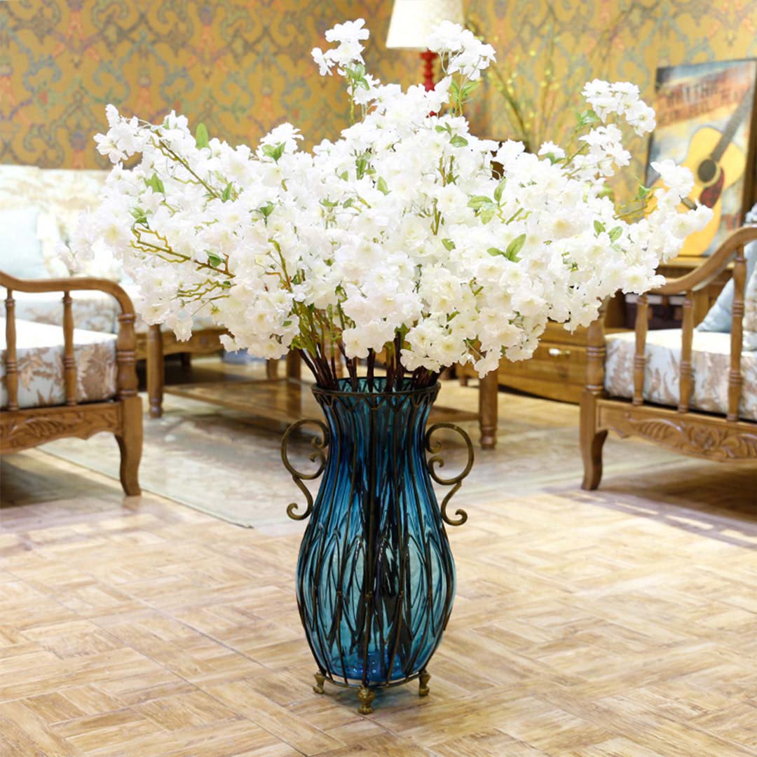 Premium 51cm Green Glass Tall Floor Vase and 10pcs White Artificial Fake Flower Set - image11