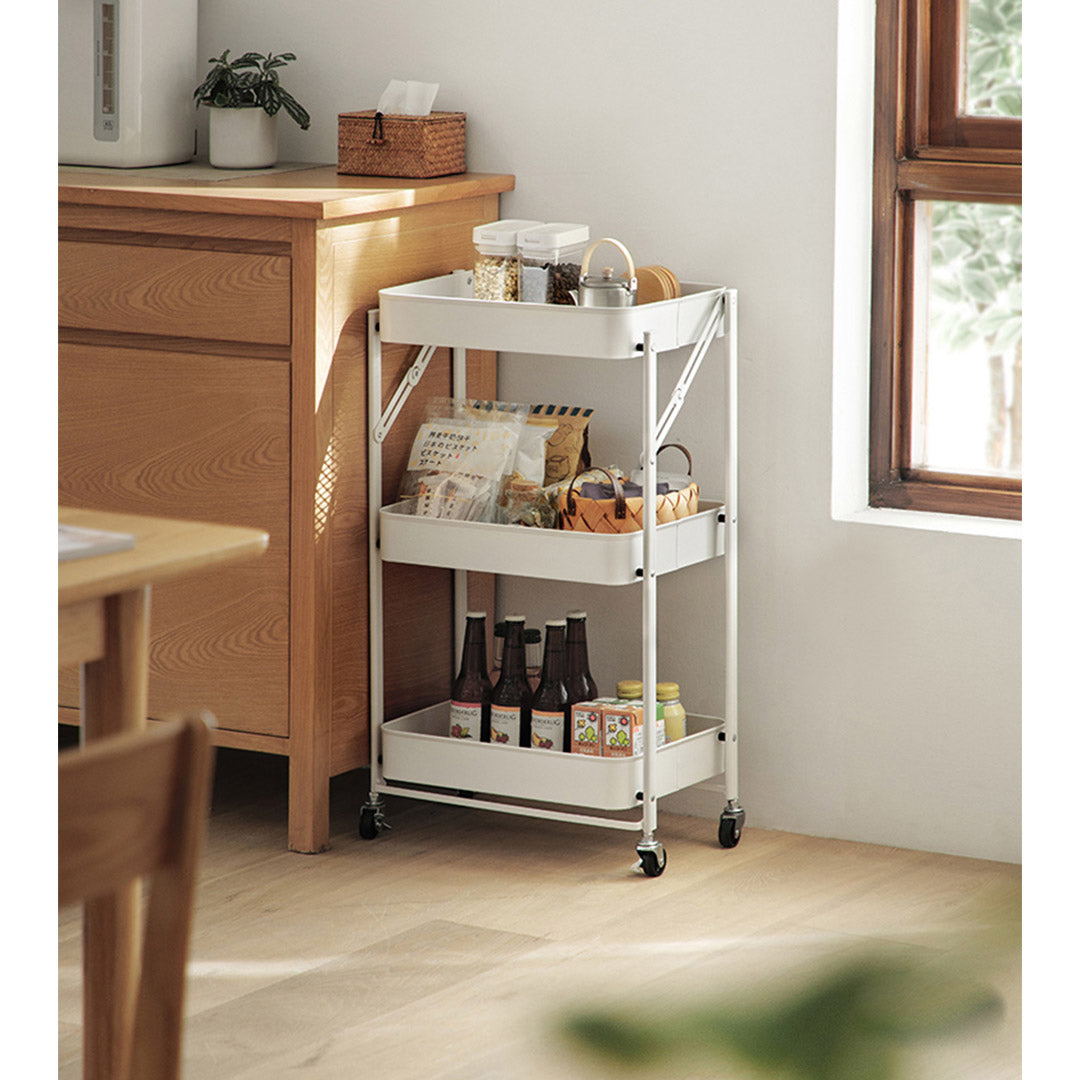 Premium 3 Tier Steel White Foldable Kitchen Cart Multi-Functional Shelves Portable Storage Organizer with Wheels - image11