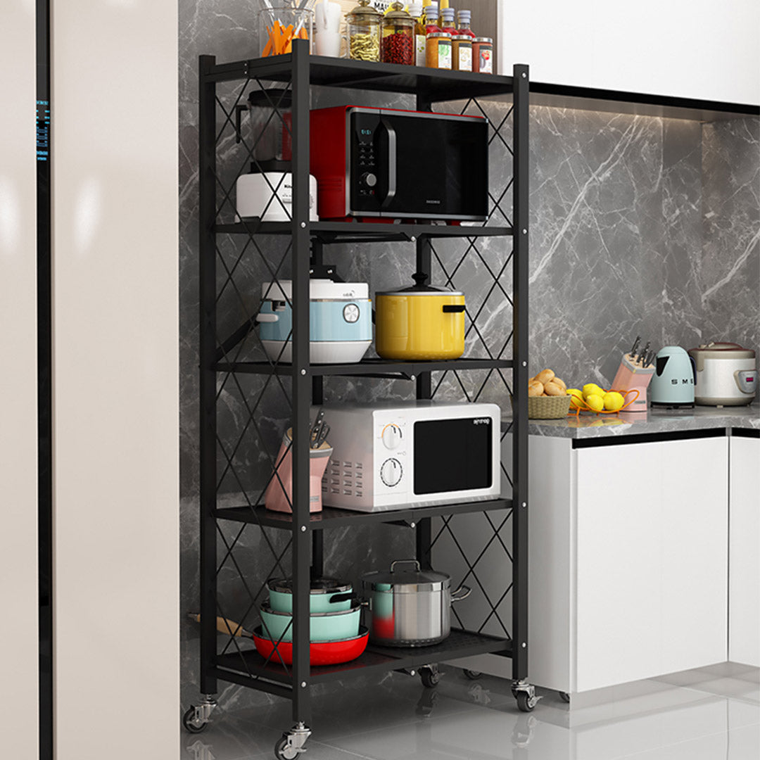 Premium 2X 5 Tier Steel Black Foldable Kitchen Cart Multi-Functional Shelves Portable Storage Organizer with Wheels - image11