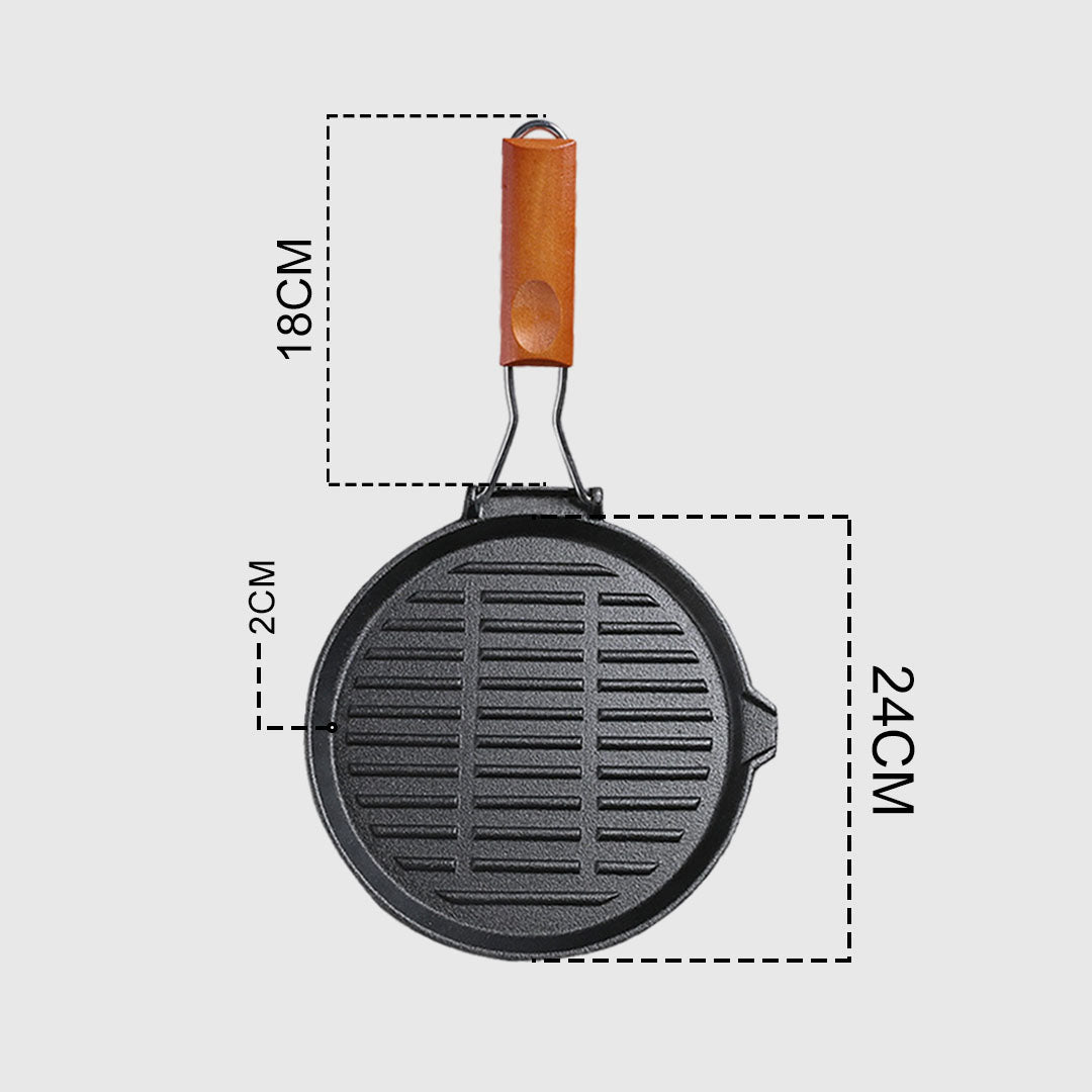 Premium 2X 24cm Round Ribbed Cast Iron Steak Frying Grill Skillet Pan with Folding Wooden Handle - image11