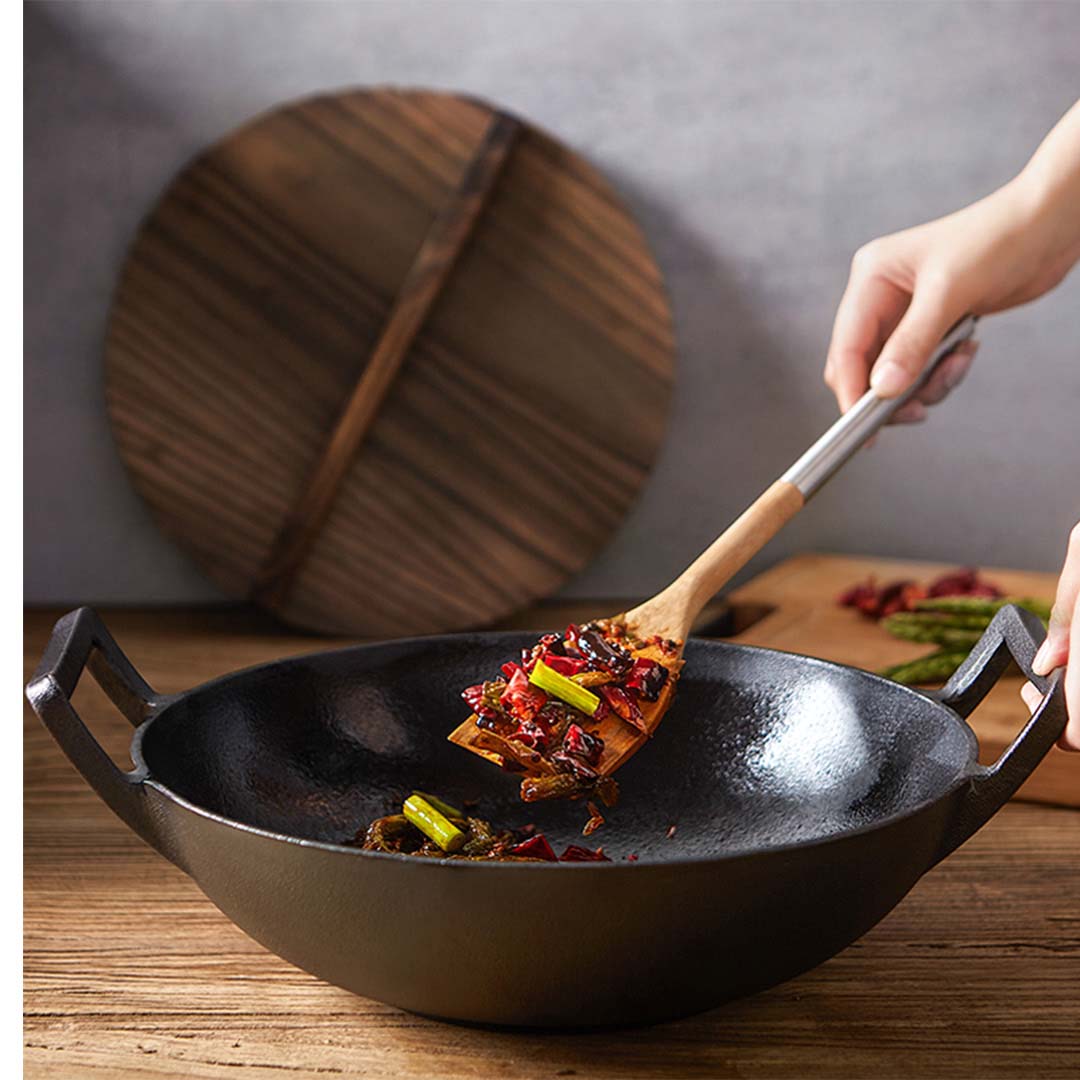 Premium 2X 36CM Commercial Cast Iron Wok FryPan with Wooden Lid Fry Pan - image11