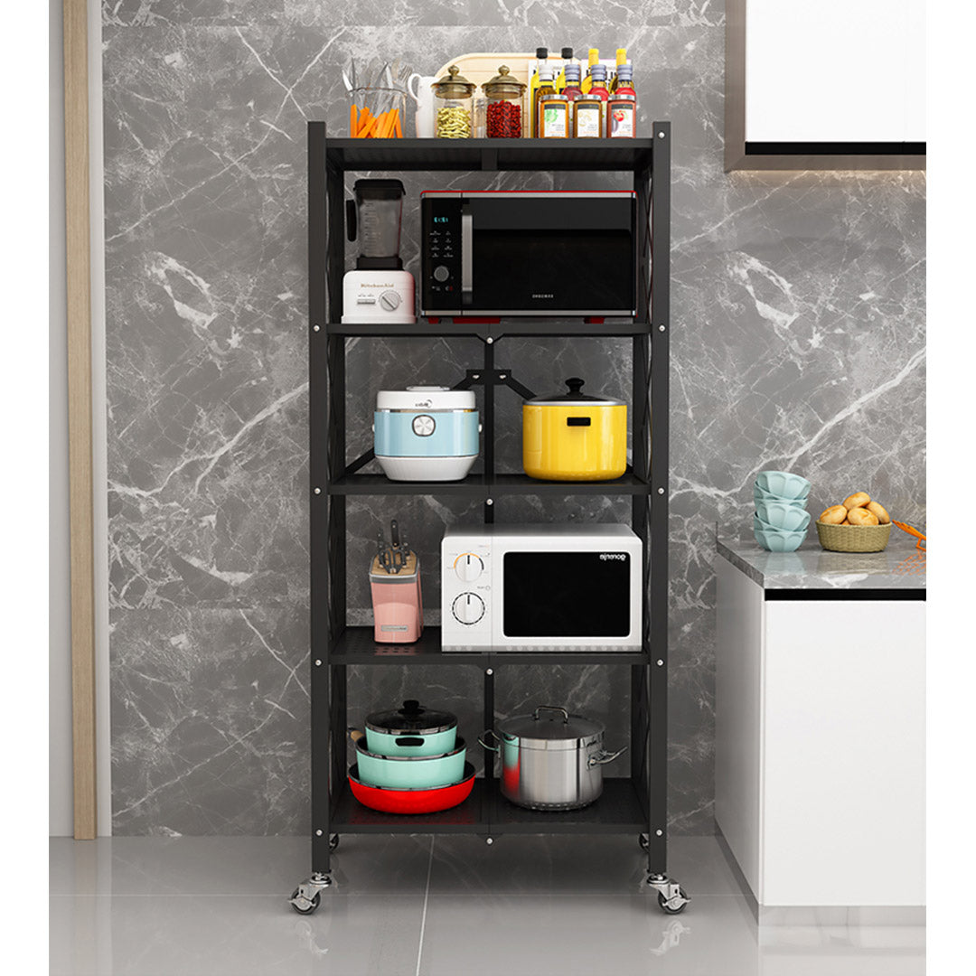 Premium 5 Tier Steel Black Foldable Kitchen Cart Multi-Functional Shelves Portable Storage Organizer with Wheels - image12