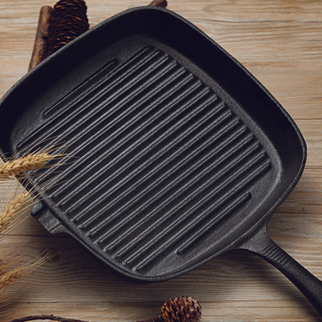 Premium 23.5cm Square Ribbed Cast Iron Frying Pan Skillet Steak Sizzle Platter with Handle - image12